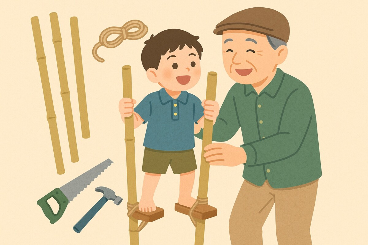 昔遊び：竹馬の作り方，誰でもできるステップバイステップ