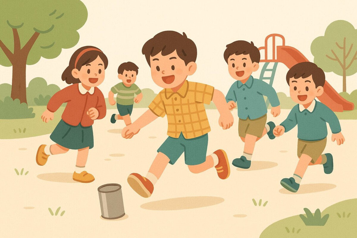 缶けりを楽しむ子どもたちが公園で走り回る様子を描いた明るいイラスト