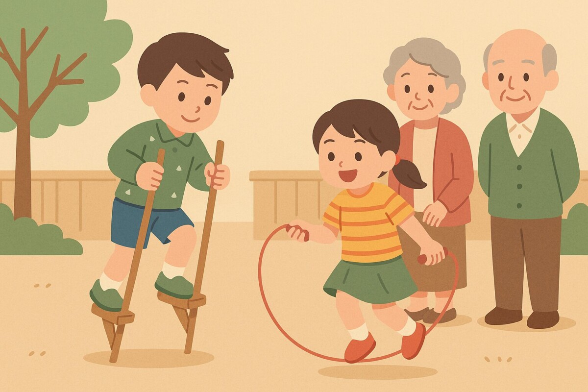 昔遊びを楽しむ子どもたちと家族をイメージしたアイキャッチイラスト