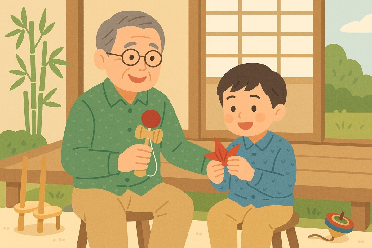 親子が昔遊びを楽しむ様子を描いた和風テイストのイラスト
