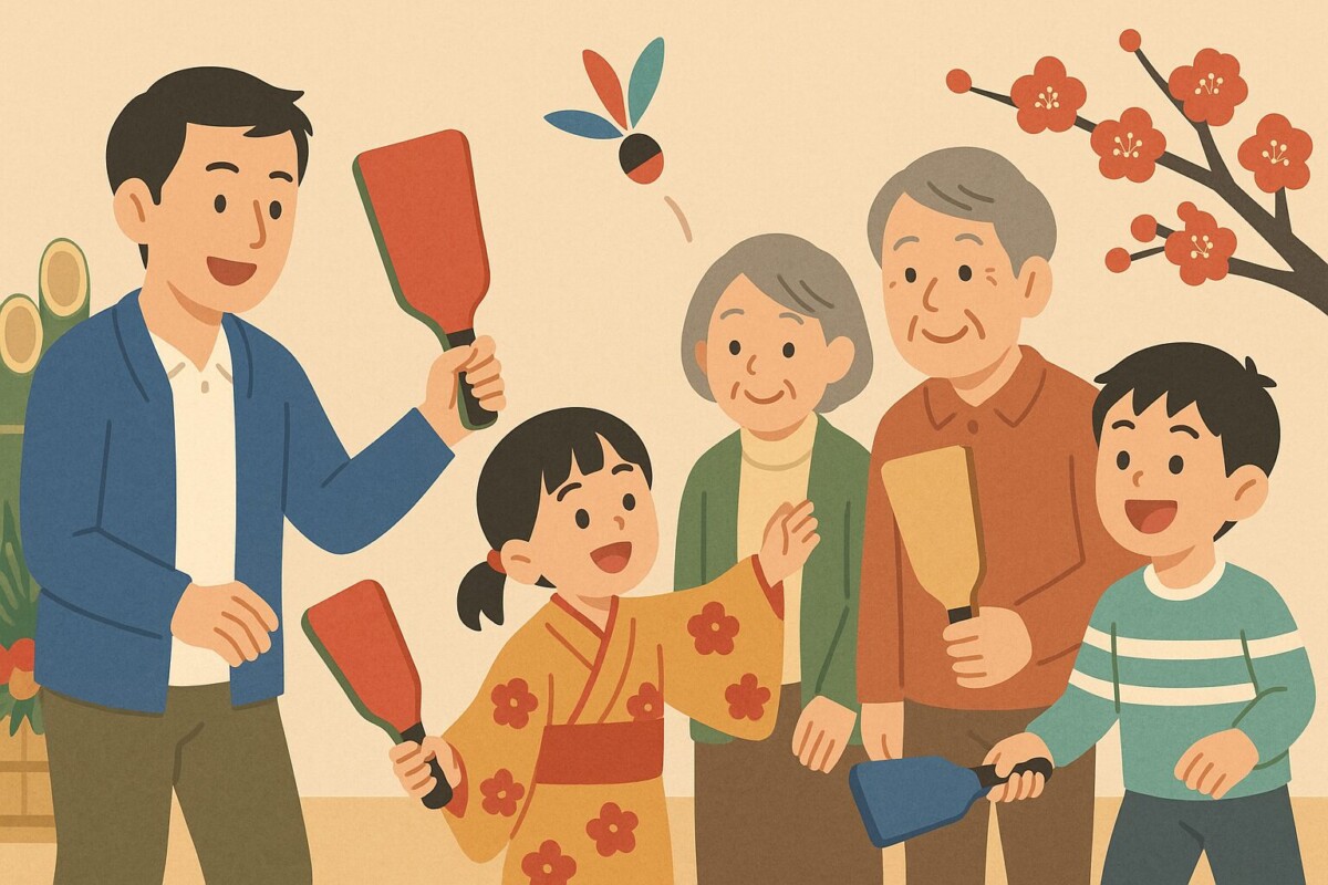 羽根つきを楽しむ家族と羽子板・羽根を和風テイストで描いたイラスト