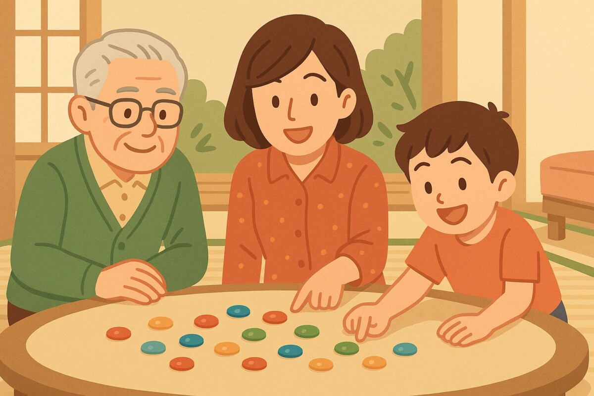 おはじきを囲んで笑顔で遊ぶ親子のイラスト