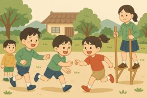 昔遊びを通して子どもたちが元気に遊ぶイラスト