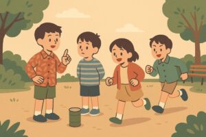 鬼ごっことかくれんぼを合わせたように缶けりを楽しむ子どもたちのイメージ