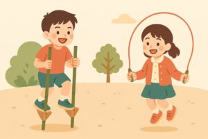 竹馬や縄跳びを通して体を鍛える子どもたちのイラスト
