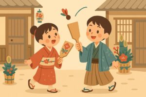 江戸時代の子どもたちが羽根つきをしている様子のイラスト