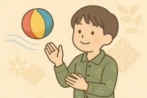 膨らんだ紙風船を手のひらで軽くはたいて遊ぶ子どものイラスト