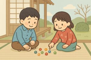 昔の縁側でおはじきを楽しむ子どもたち