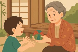 縁側で祖母が孫にお手玉を手渡している様子