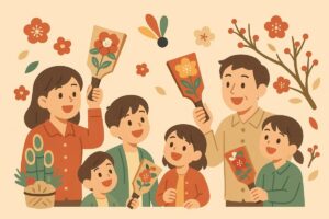 羽根つきで笑顔をつなぐ家族のイラスト