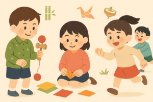 鬼ごっこや折り紙で楽しむ子どもたちのイラスト
