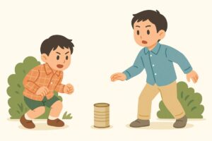 鬼役が缶を守り、子どもが隠れる様子を描いたイラスト