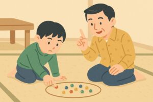 おはじきで円を描いた中で遊ぶ親子