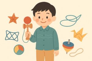 昔遊びの代表的な道具が並ぶイラスト(けん玉、メンコ、ベーゴマなど)