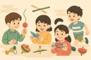 けん玉、折り紙、竹とんぼ、こまなどを楽しむ子どもたちのイラスト