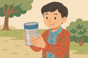 缶と安全対策を意識した遊び道具を準備する様子