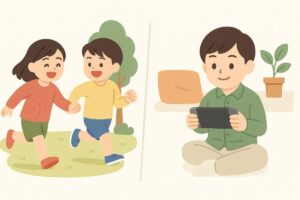 外で走り回る子どもと室内でゲームをする子どもの対比イラスト