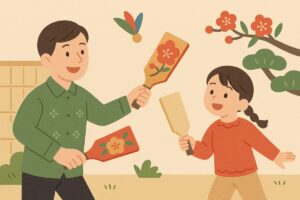 二人で羽根つきを楽しむ子どもと大人のイラスト