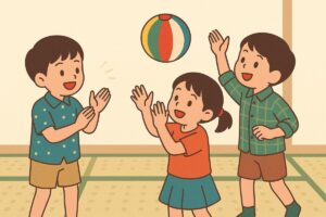 複数の子どもたちが紙風船を落とさないように協力して打ち合うイラスト