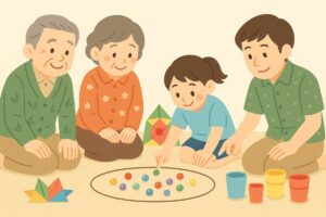 親子三世代でおはじきを楽しむ風景