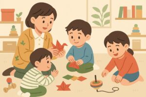 保育園で先生と子どもたちが昔遊びをするイラスト