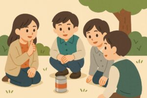 子どもたちが作戦会議をして隠れる場所を決める様子