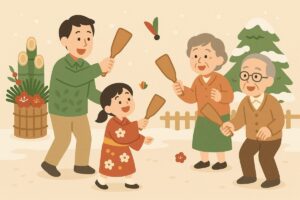 家族三世代で羽根つきを楽しむ様子のイラスト