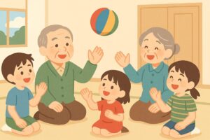 地域のイベントで子どもや高齢者が紙風船を囲んで遊ぶイラスト