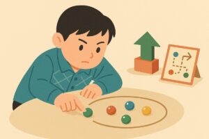 真剣に狙っておはじきをはじく子ども