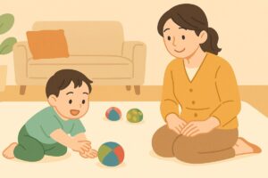 幼児がお手玉を転がして遊び、母親が見守る様子