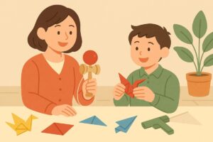 親子でけん玉や折り紙を楽しむ姿のイラスト