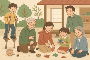 家族で昔遊びを楽しむ光景のイラスト