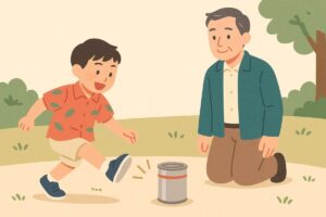 大人が見守る中、子どもが安全に缶けりをする様子