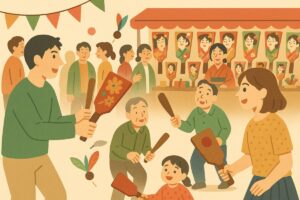 羽根つき大会でにぎわう人々と羽子板市のイラスト