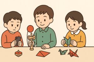 デジタル時代における昔遊びの価値を表現したイラスト
