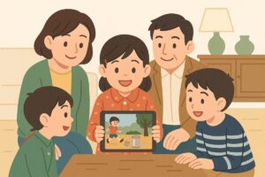 子どもたちがタブレット画面でデジタル版缶けりを遊ぶ様子