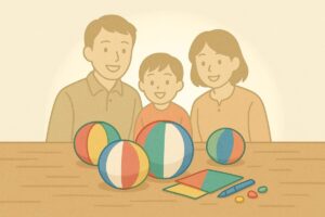 机の上に並んだ色とりどりの紙風船と笑顔の家族のシルエット風イラスト