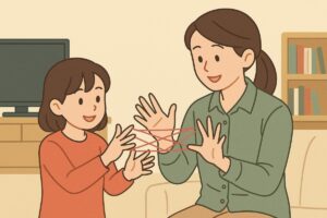 昔遊びを日常生活に取り入れる親子のイラスト