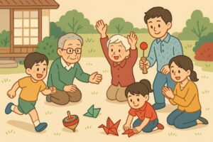 世代を超えて昔遊びを楽しむ家族のイラスト