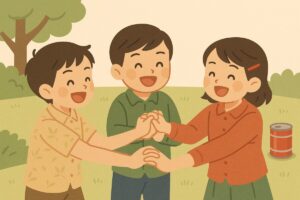 缶けりを通じて仲間と協力する子どもたちのイラスト