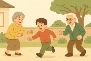 祖父母と孫が一緒に昔遊びをしているイラスト