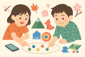 折り紙と組み合わせて遊ぶ子どもたち