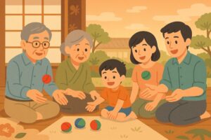 祖父母と親子が一緒にお手玉を楽しむ温かな場面