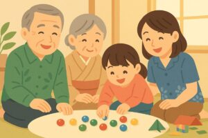 親子の笑顔とおはじきを通じた世代間交流