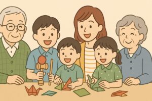 親子と祖父母が笑顔で昔遊びを楽しむ総まとめイラスト
