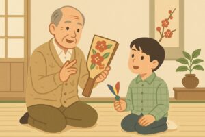 羽根つきのコツを教える祖父と聞く孫のイラスト