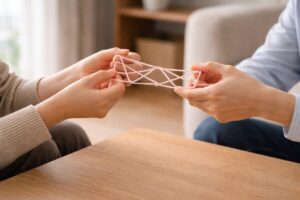 二人でひもを受け渡す手元