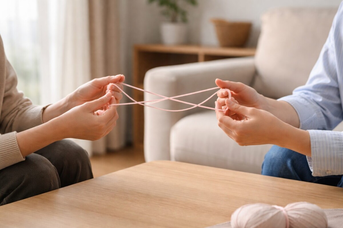 ひも遊びを始める手元の風景