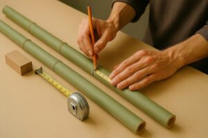 竹馬づくりの準備で長さを測る場面