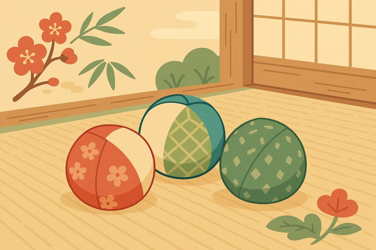 日本の伝統遊び「お手玉」を象徴する布のお手玉と和風の背景
